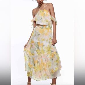 Zara metallic thread floral print dress multi color